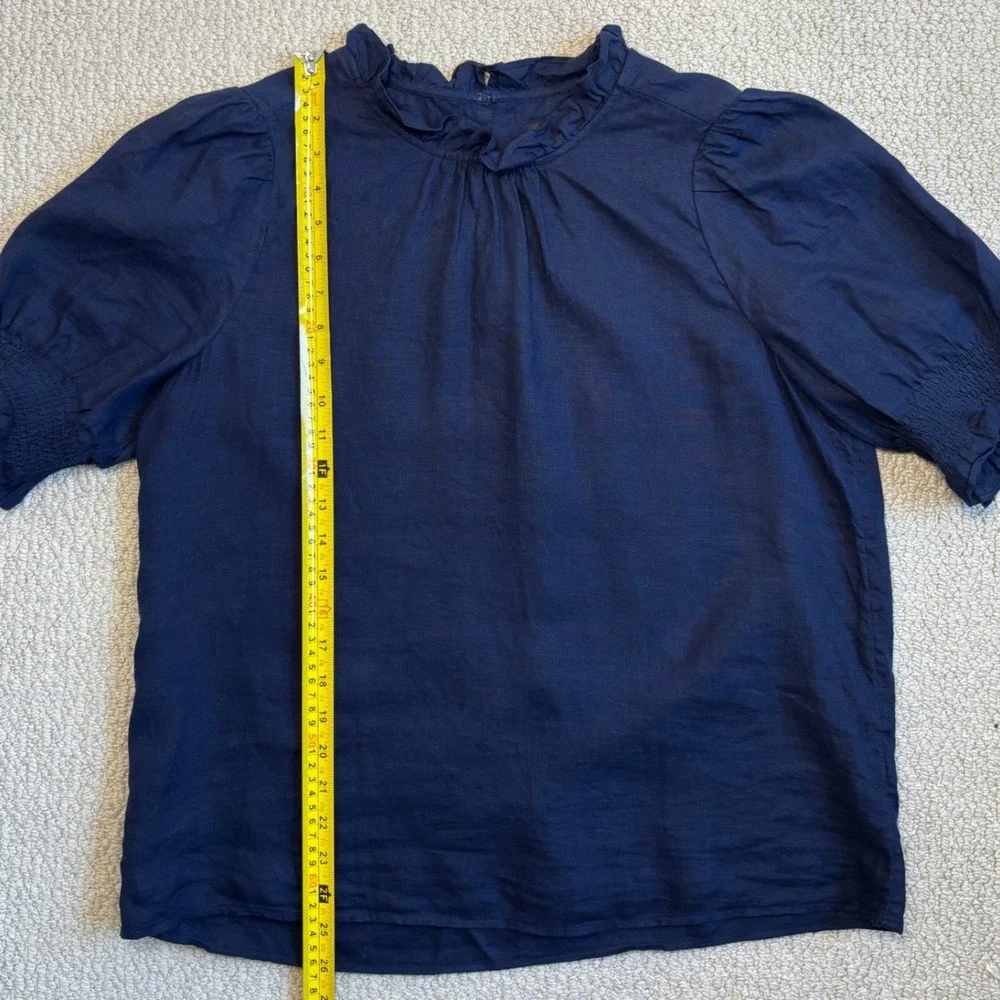 J.Crew 100% Linen Smocked Puff Sleeve Ruffle Top, Medium Navy Blue Preppy office